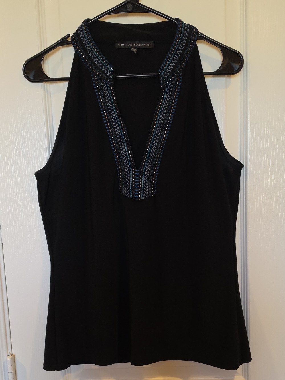 White House Black Market Black Halter Tank with Blue Embroidered Trim